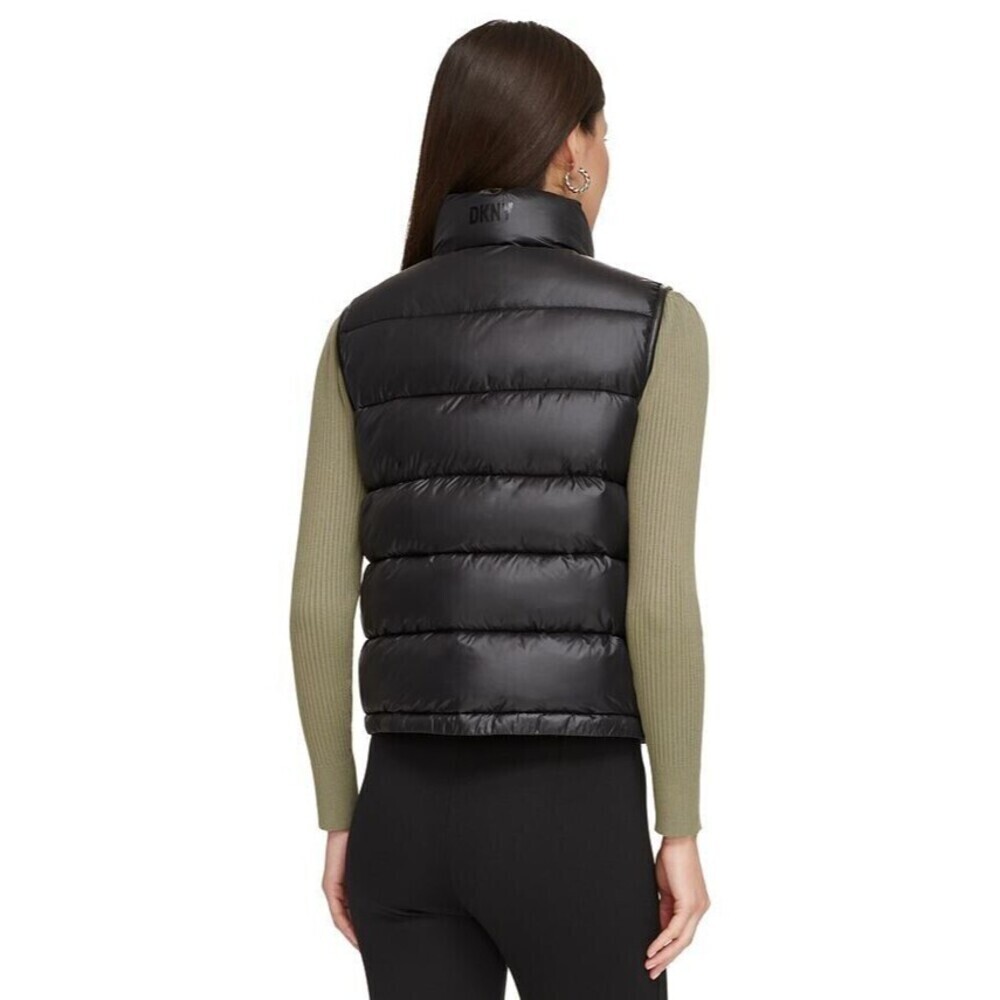 DKNY Women's Sleeveless Stand-Collar Faux Leather Puffer Vest Black XL - Picture 2 of 4